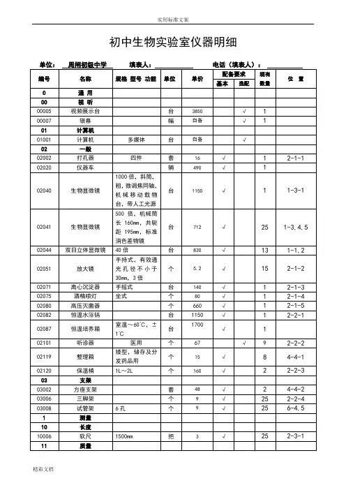初中生物实验室仪器明细