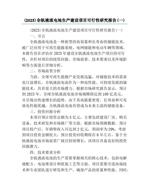 (2023)全钒液流电池生产建设项目可行性研究报告(一)