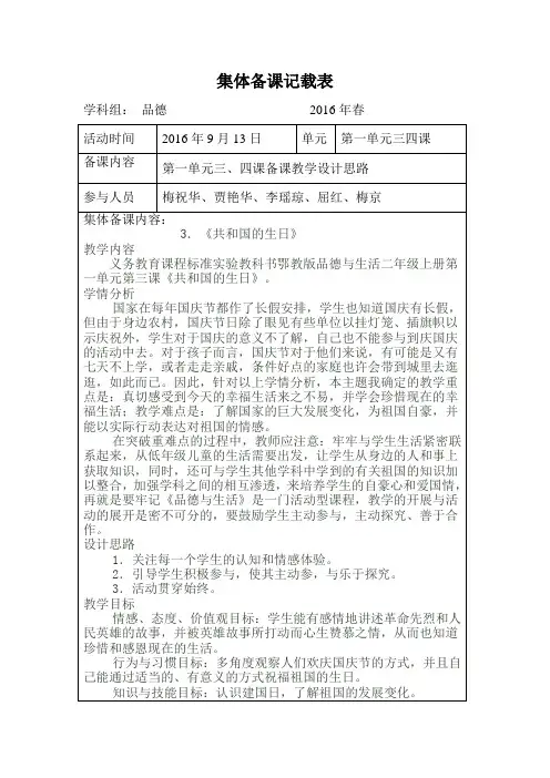 2016年秋品德集体备课记载表(2)