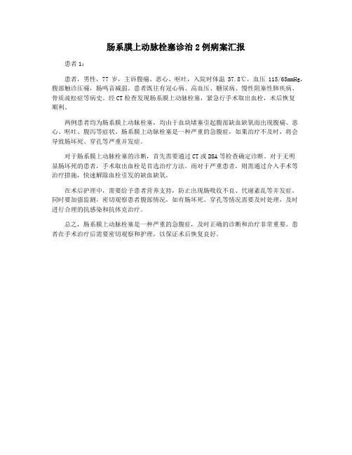 肠系膜上动脉栓塞诊治2例病案汇报