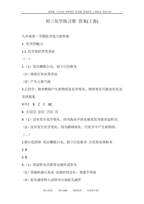 初三化学练习册 答案(上海)