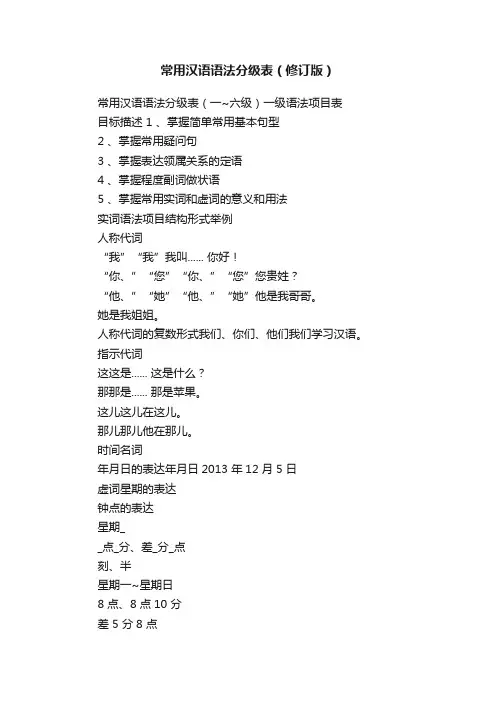常用汉语语法分级表（修订版）
