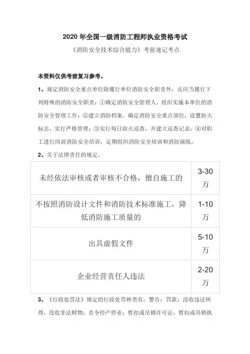 2020年全国一级消防工程师执业资格考试《消防安全技术综合能力》考前速记考点