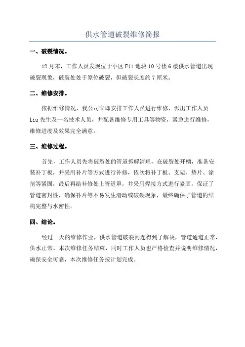 供水管道破裂维修简报