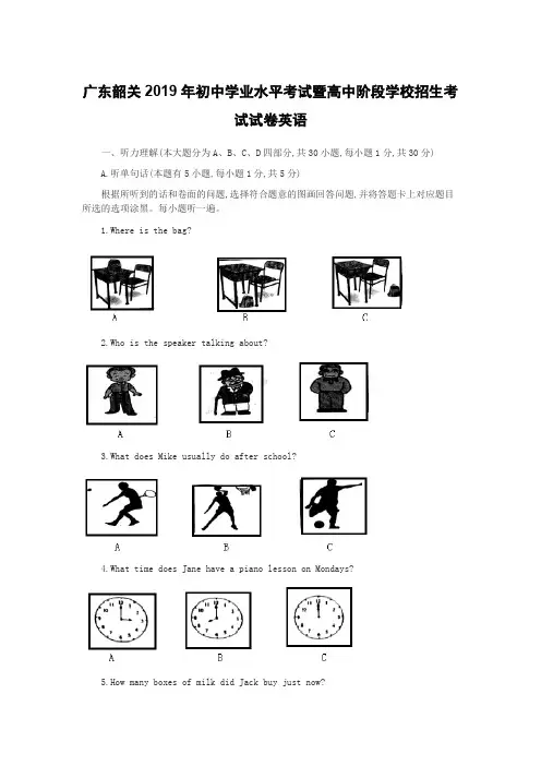 广东韶关2019年初中学业水平考试暨高中阶段学校招生考试试卷英语含答案