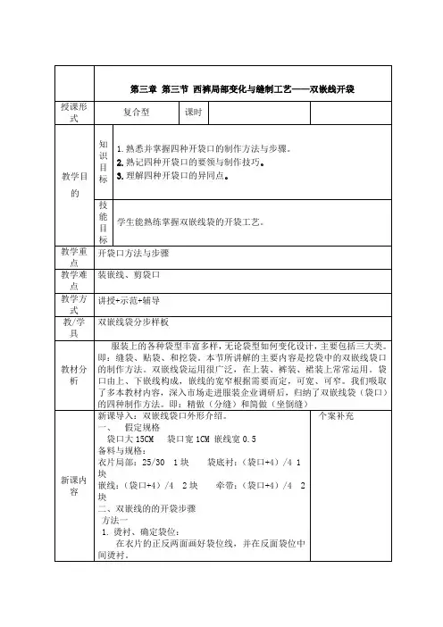 中职服装工艺教案：西裤局部变化与缝制工艺——双嵌线开袋