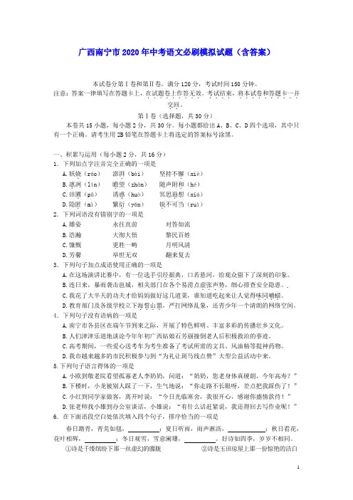 广西南宁市2020年中考语文必刷模拟试题(含答案)