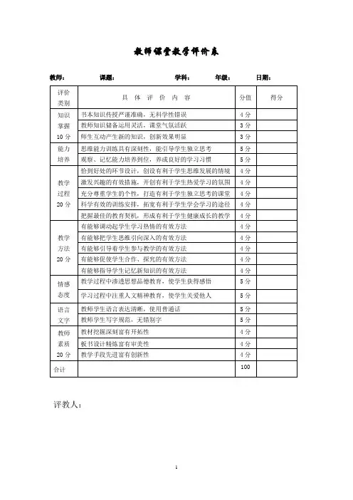教师课堂教学评价表(量表)