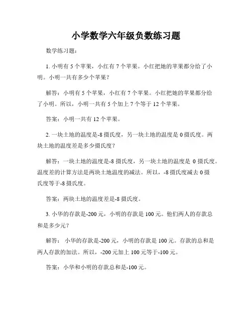 小学数学六年级负数练习题
