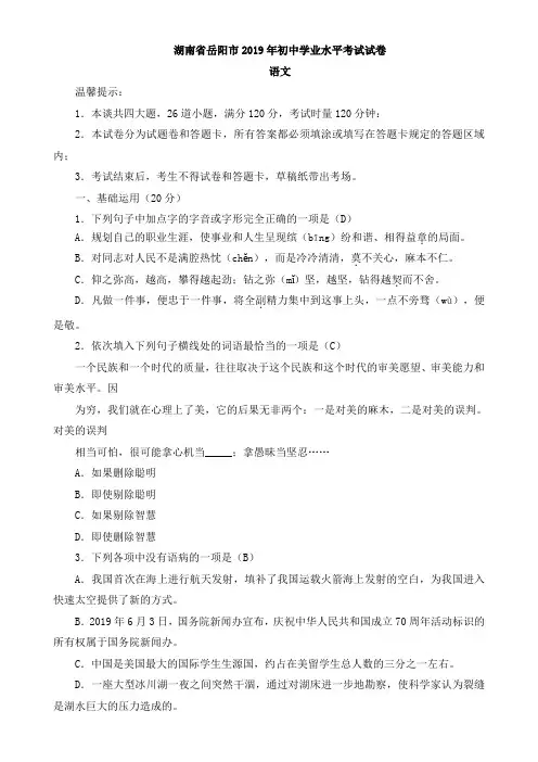 2019年湖南省岳阳市中考语文试题及答案