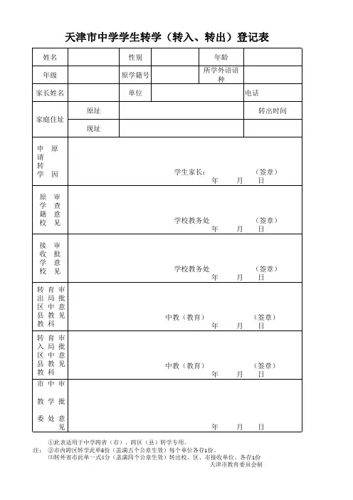 天津市中学生转学登记表