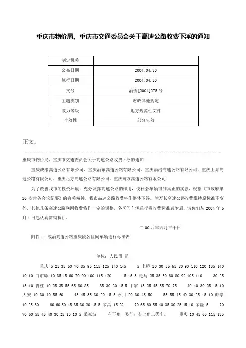 重庆市物价局、重庆市交通委员会关于高速公路收费下浮的通知-渝价[2004]275号