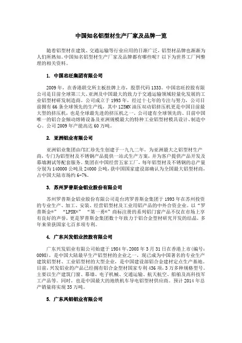 中国知名铝型材生产厂家及品牌一览