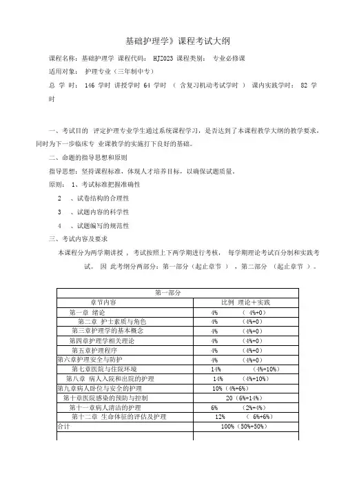 护理学基础3年制中专护理专业考试大纲