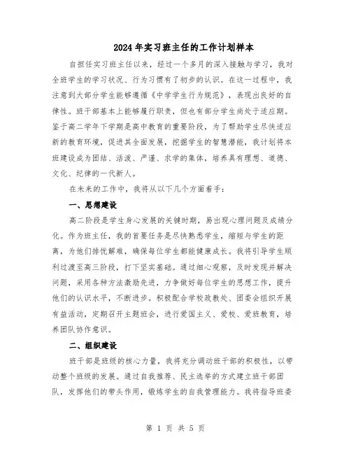 2024年实习班主任的工作计划样本（三篇）