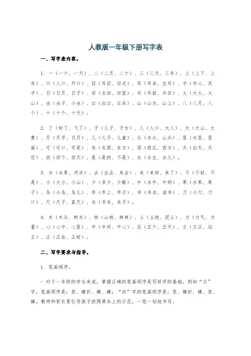人教版一年级下册写字表