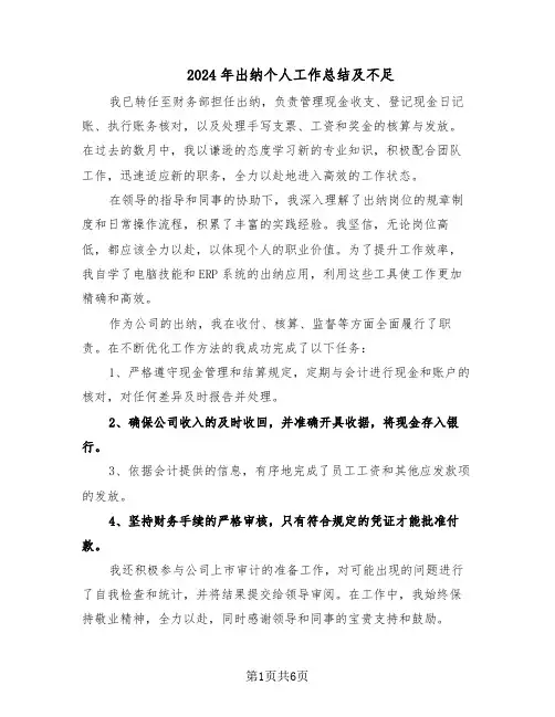 2024年出纳个人工作总结及不足（3篇）