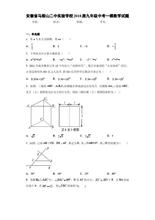 安徽省马鞍山二中实验学校2021届九年级中考一模数学试题