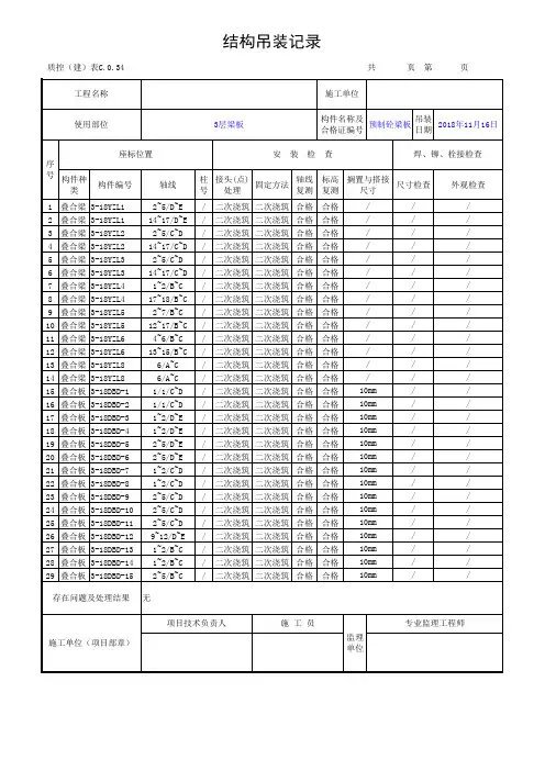 预制砼梁板结构吊装记录