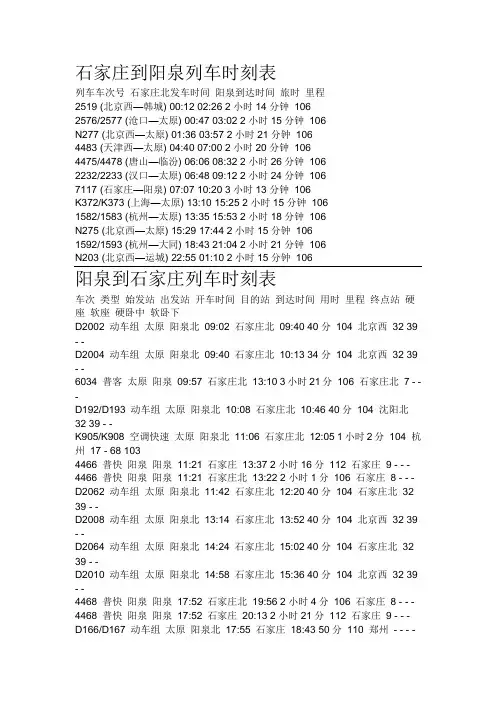 石家庄到阳泉列车时刻表