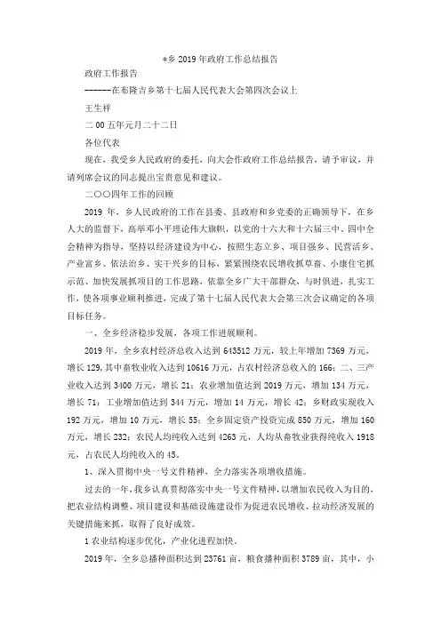 最新--乡2019年政府工作总结报告 精品