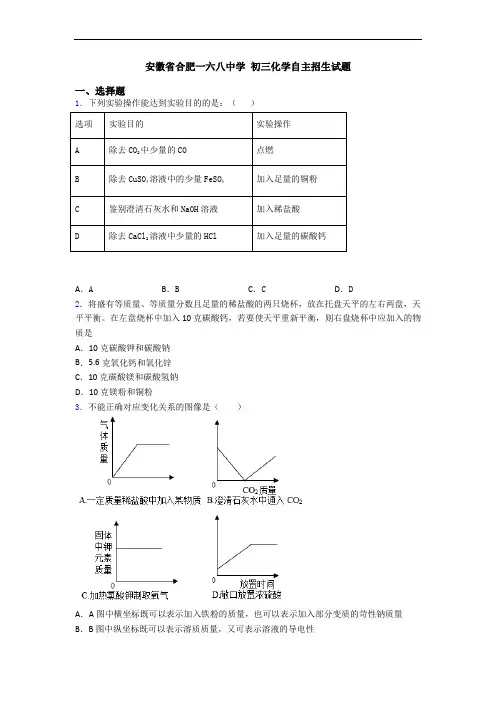 安徽省合肥一六八中学 初三化学自主招生试题