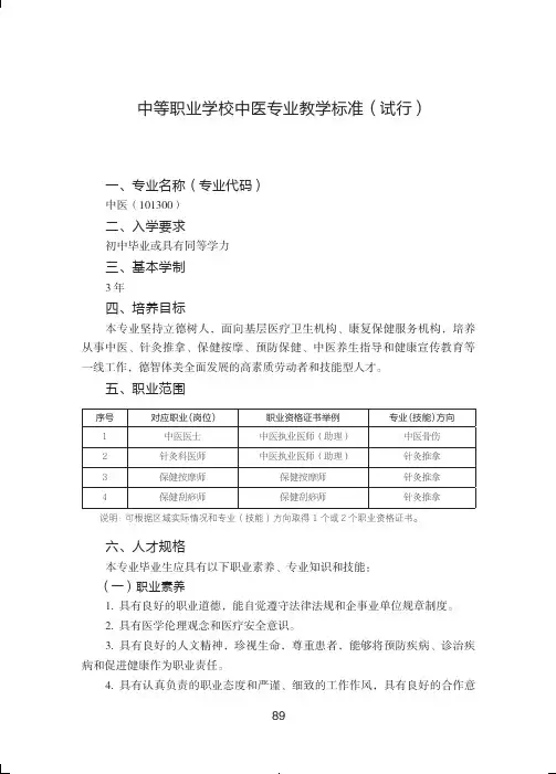 中等职业学校中医专业教学标准(试行)