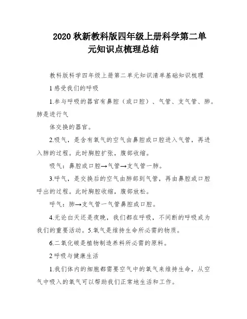 2020秋新教科版四年级上册科学第二单元知识点梳理总结