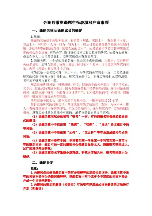金湖微型课题申报表填写注意事项