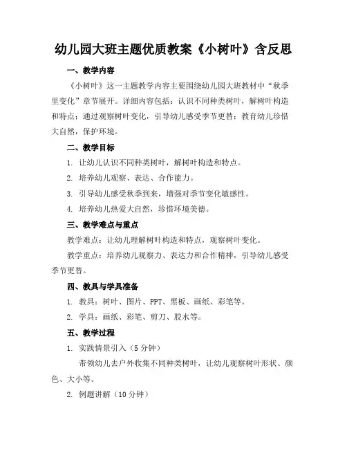 幼儿园大班主题优质教案《小树叶》含反思