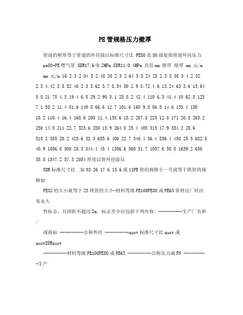 PE管规格压力壁厚