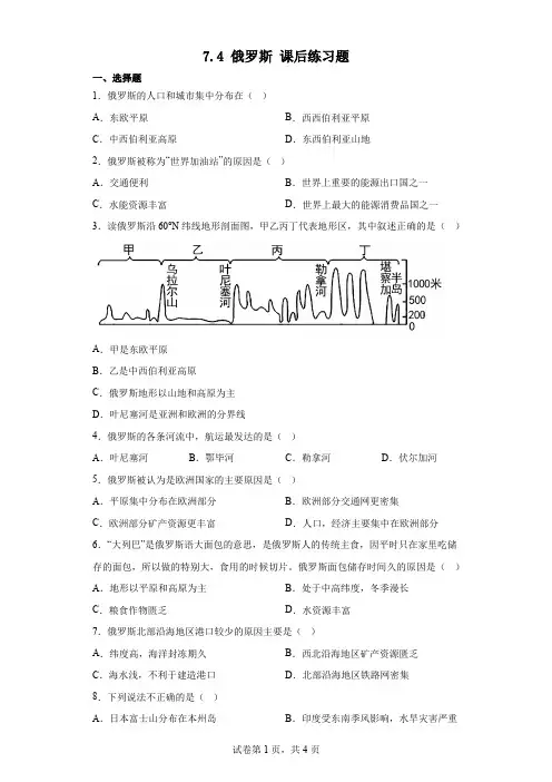 7.4+俄罗斯+课后练习题2022-2023学年人教版地理七年级下册