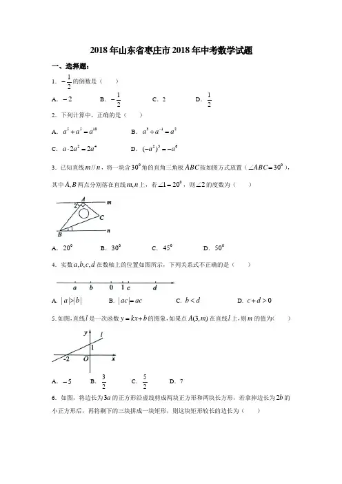2018年山东省枣庄市2018年中考数学试题