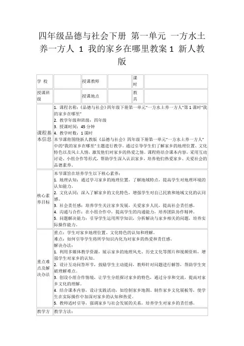四年级品德与社会下册第一单元一方水土养一方人1我的家乡在哪里教案1新人教版