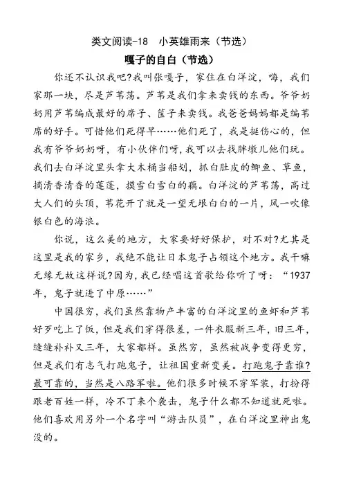 部编版四年级语文下册18 小英雄雨来(节选) 类文阅读练习及答案【精品】