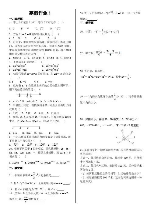 2022——2023七年级数学第一学期寒假作业(人教版)