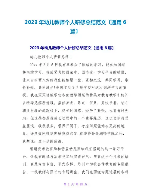 2023年幼儿教师个人研修总结范文(通用6篇)2