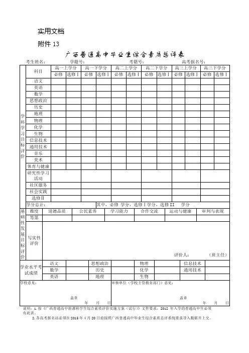 广西普通高中毕业生综合素质总评表