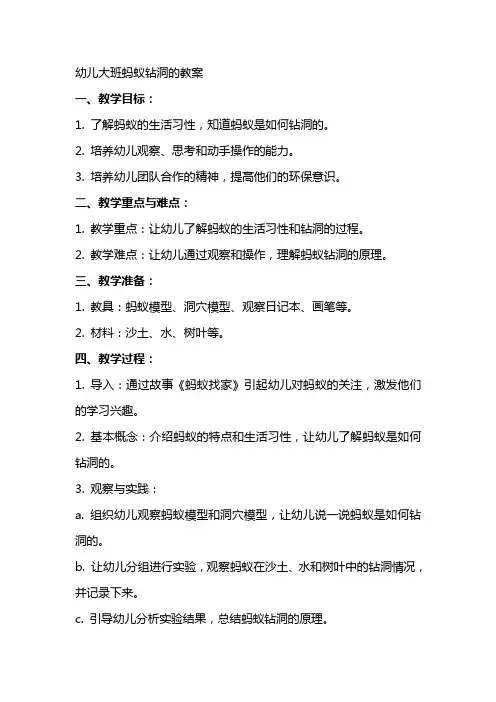 幼儿大班蚂蚁钻洞的教案