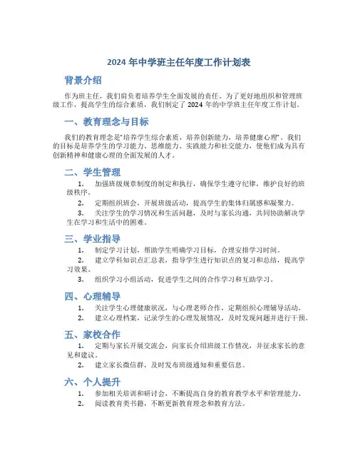 2024年中学班主任年度工作计划表 (2)
