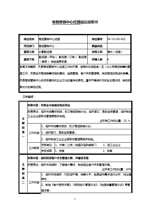 营销中心经理岗位说明书范例
