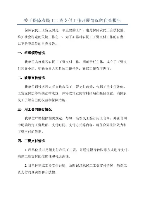关于保障农民工工资支付工作开展情况的自查报告