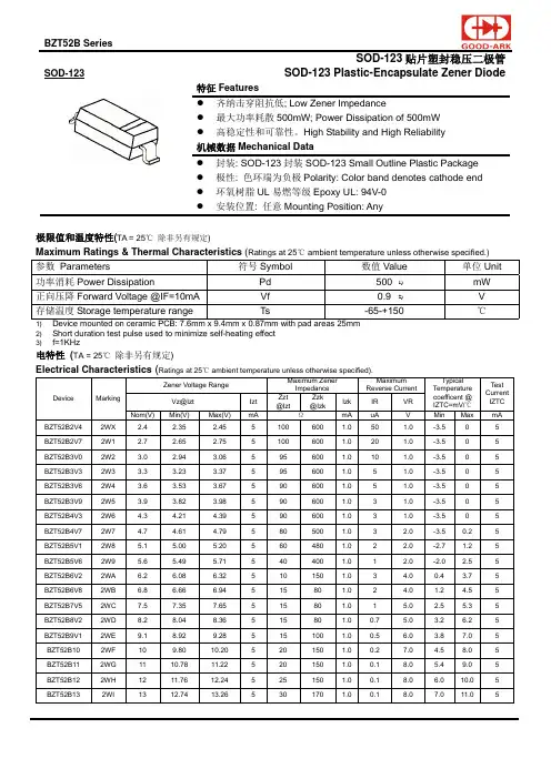 SOD-123型号的塑封稳压二极管商品说明书