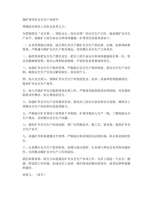 煤矿领导层安全生产承诺书