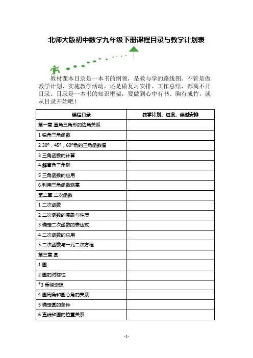 北师大版初中数学九年级下册课程目录与教学计划表