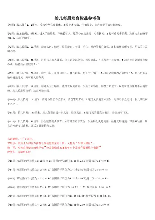 胎儿每周发育标准参考值