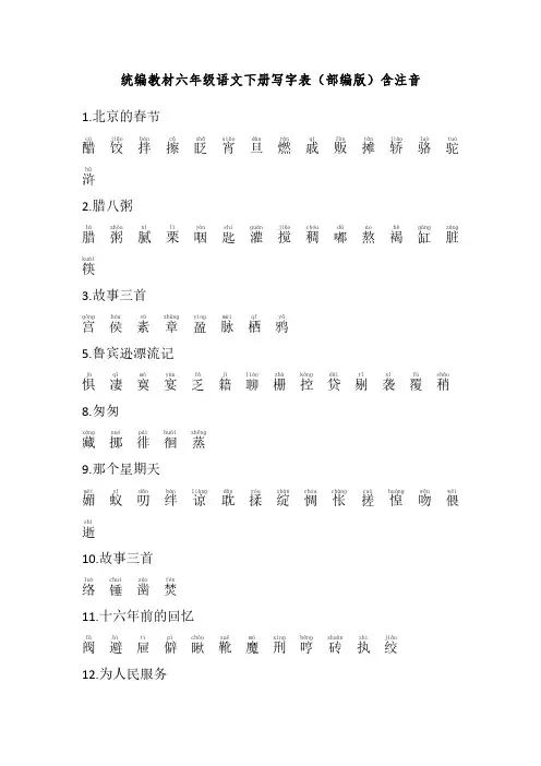 统编教材六年级语文下册写字表(部编版)含注音