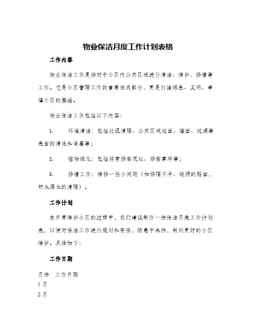 物业保洁月度工作计划表格