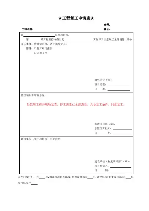 工程复工申请表及工程复工报审表