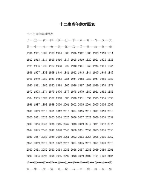 十二生肖年龄对照表